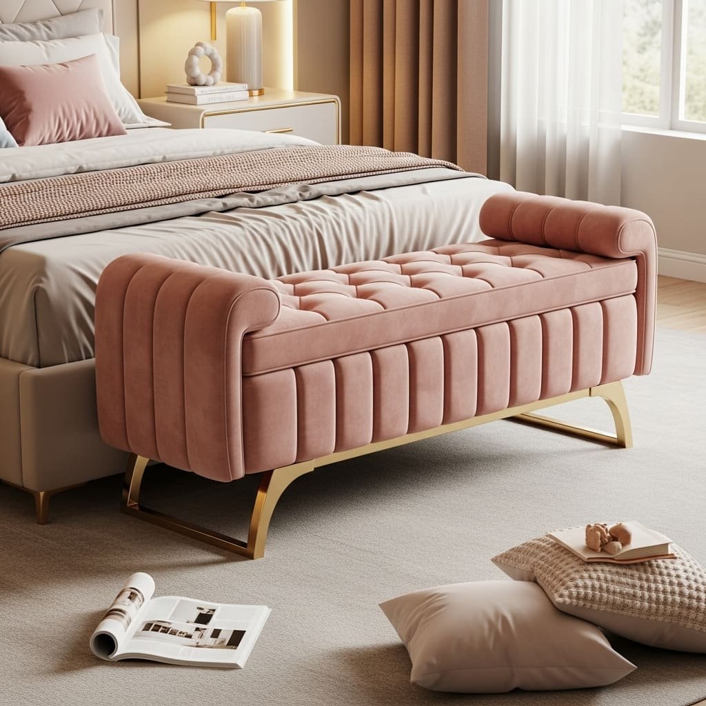 Blush Velvet Tufted Bed Bench with Gold Base