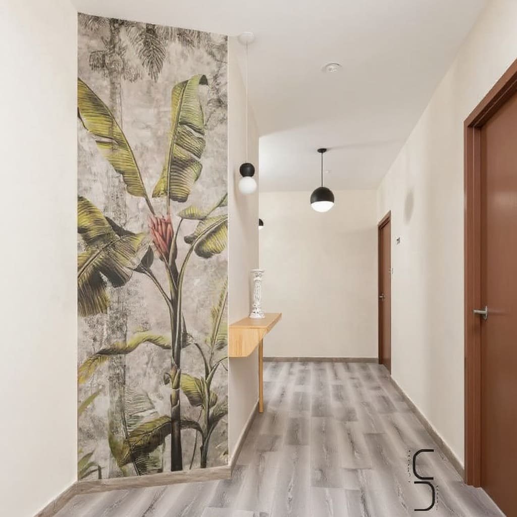 Botanical Mural Office Entrance Wall with Floating Console Shelf