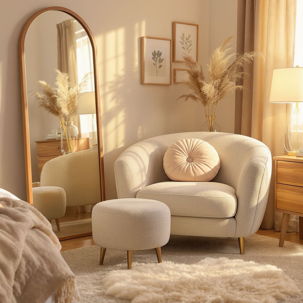 Bouclé Accent Chair and Ottoman for Bedroom