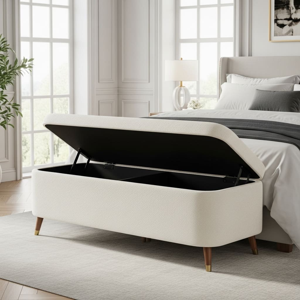 Bouclé Lift-Top Storage Bed Bench with Tapered Legs