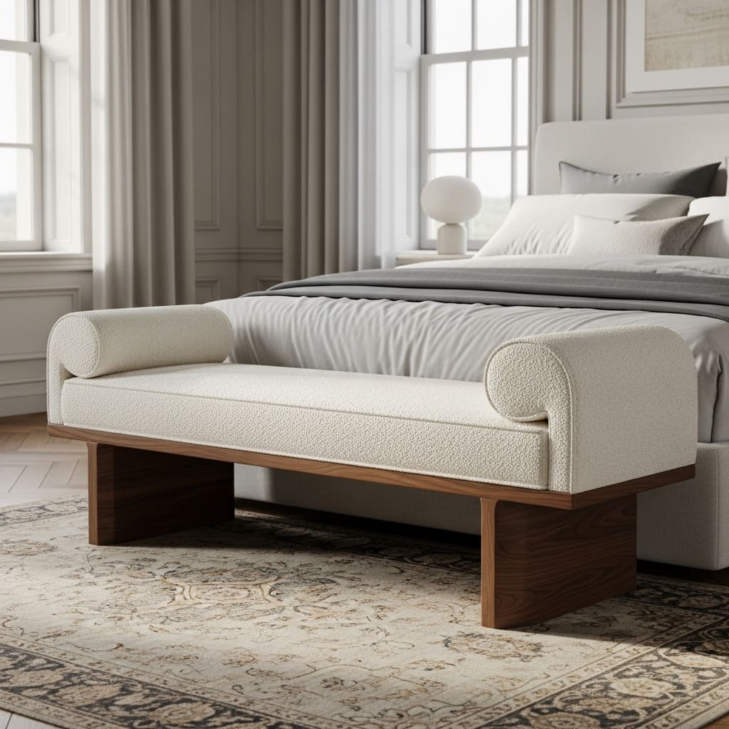 Bouclé Roll-Arm Bed Bench with Walnut Base