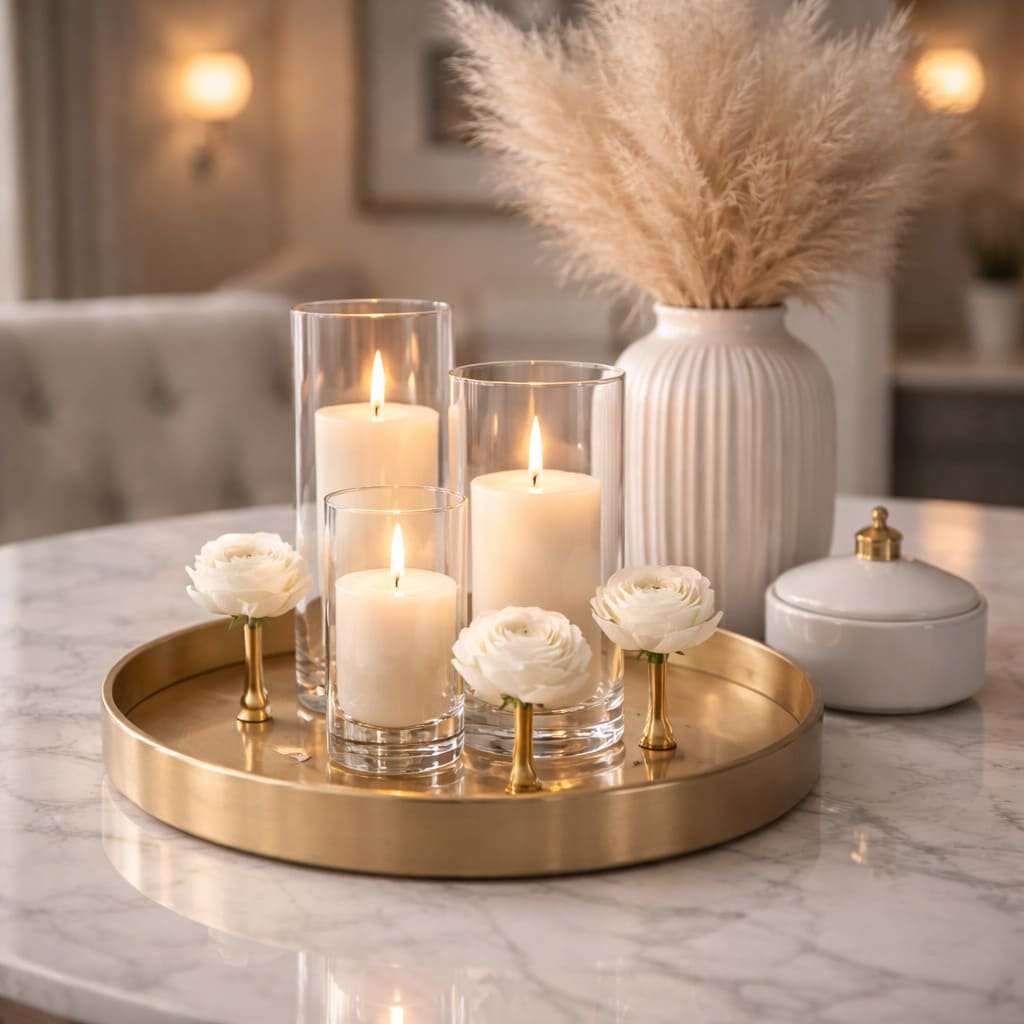 Brass Candle and Pampas Glow Centrepiece