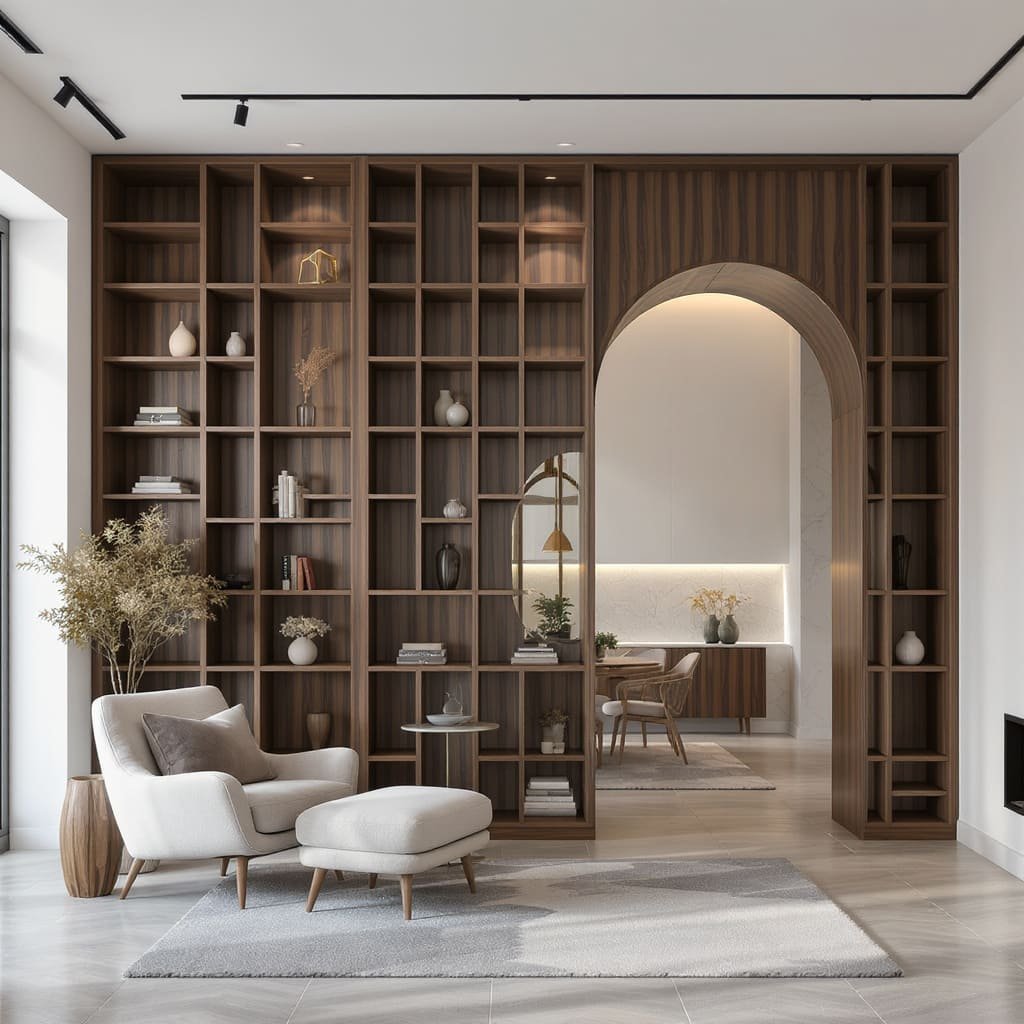 Built In Bookshelf Partition With Arch Passage