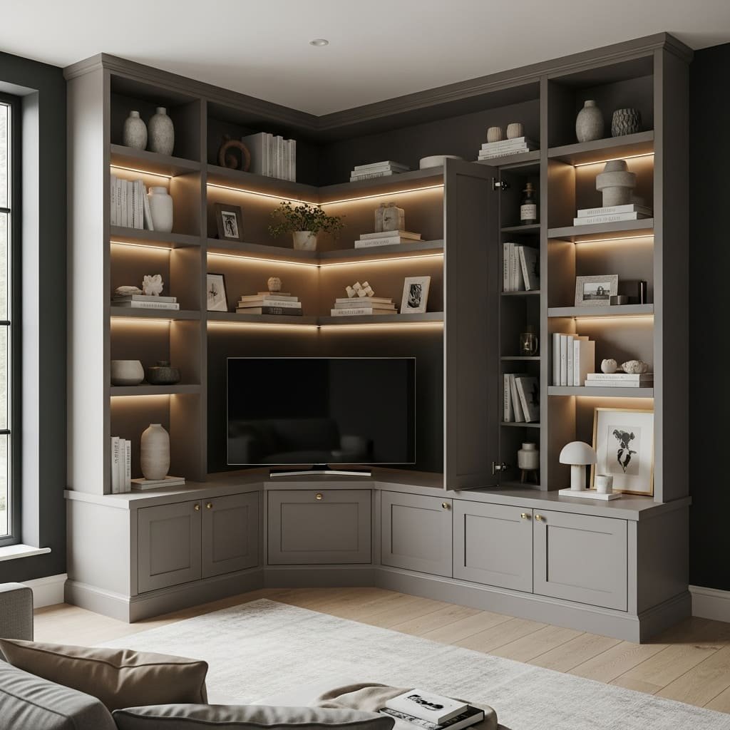 Built In Corner TV Unit with LED Library Shelving