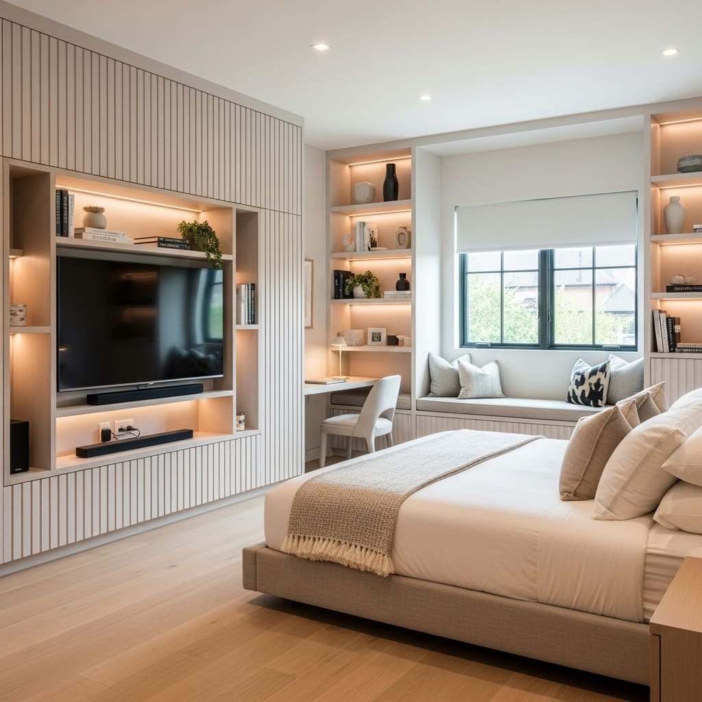 Built In Media Wall Bedroom with Desk Nook