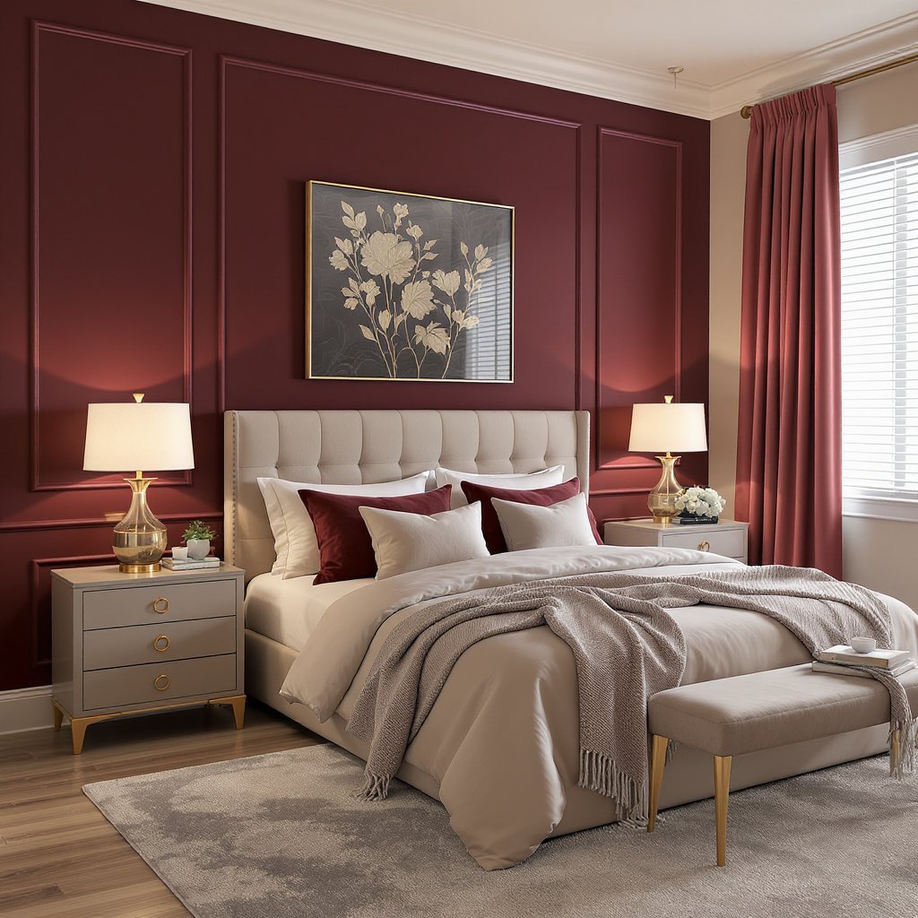 Burgundy and Warm Beige Bedroom Color Combination