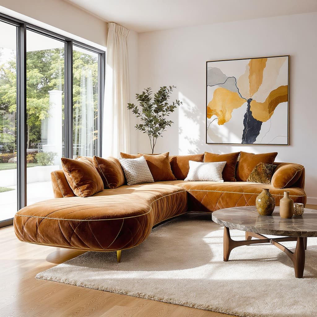 Caramel Velvet Curved L Shape Sofa