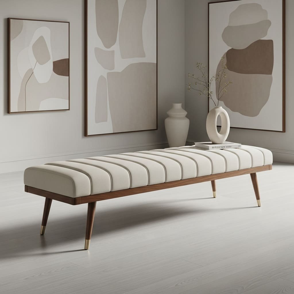 Channel-Tufted Bed Bench with Walnut Frame