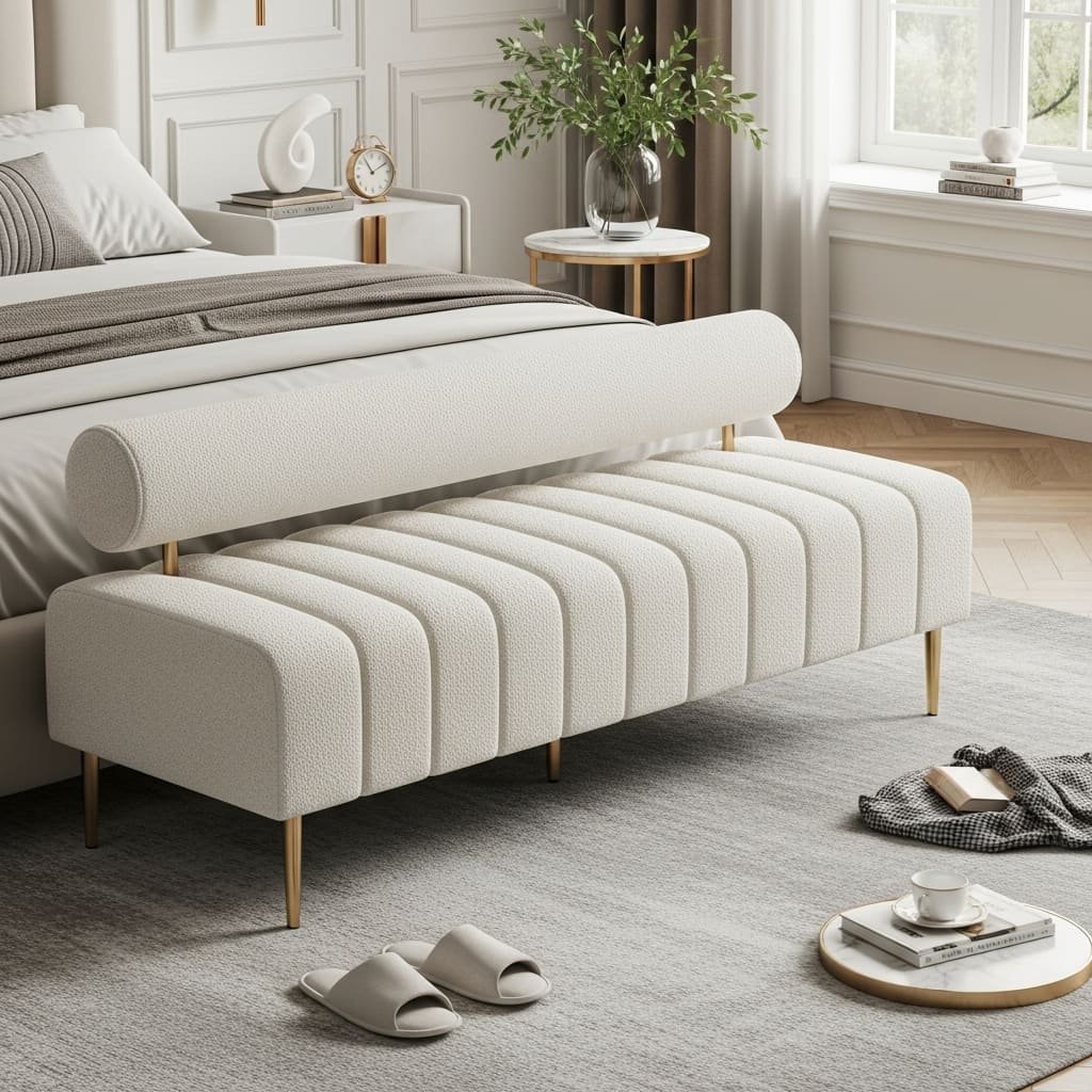 Channel-Tufted Bouclé Bed Bench with Bolster Back