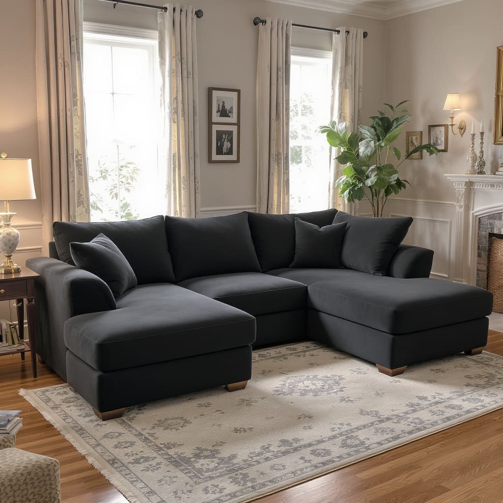 Charcoal Black L Shape Sofa Sectional with Double Chaise