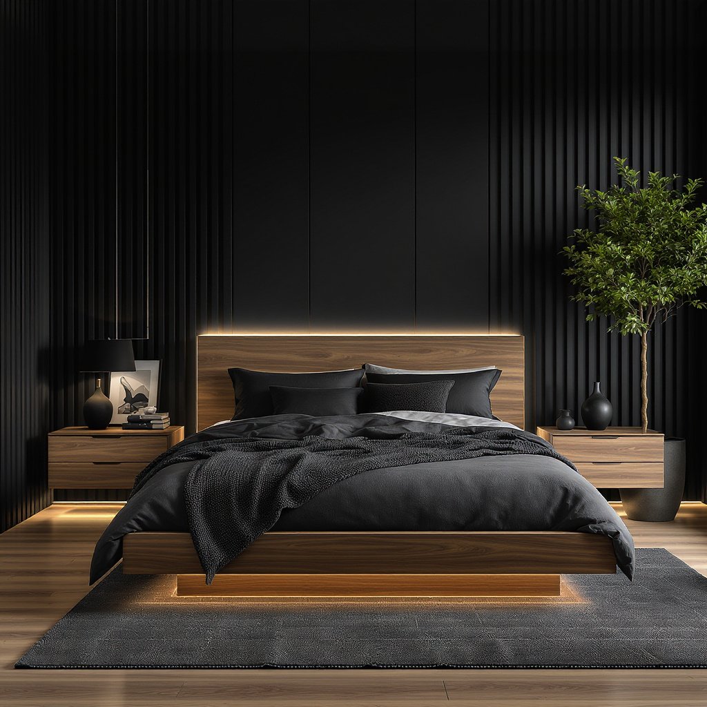 Charcoal Black and Natural Walnut Bedroom Color Combination