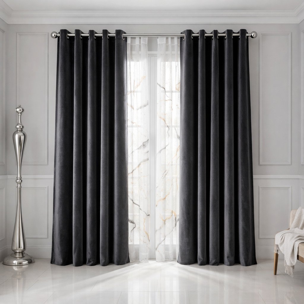 Charcoal Velvet Curtains with Marble Sheer Panel