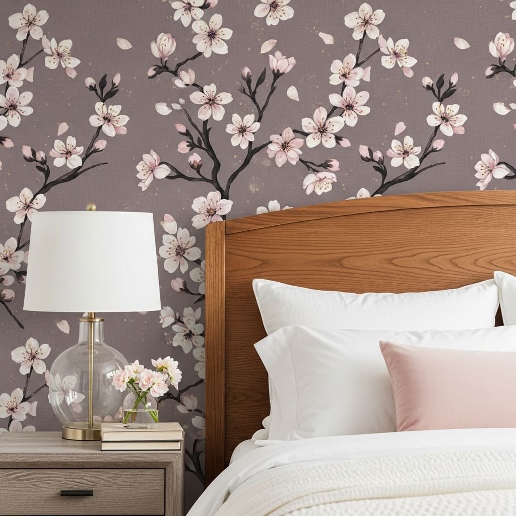 Cherry Blossom Branch Soft Bedroom Wallpaper