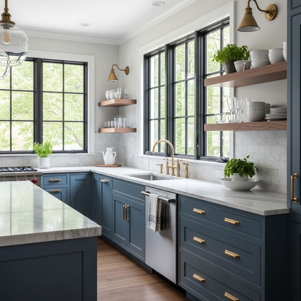 Classic Blue Kitchen Cabinets With Brass Accents