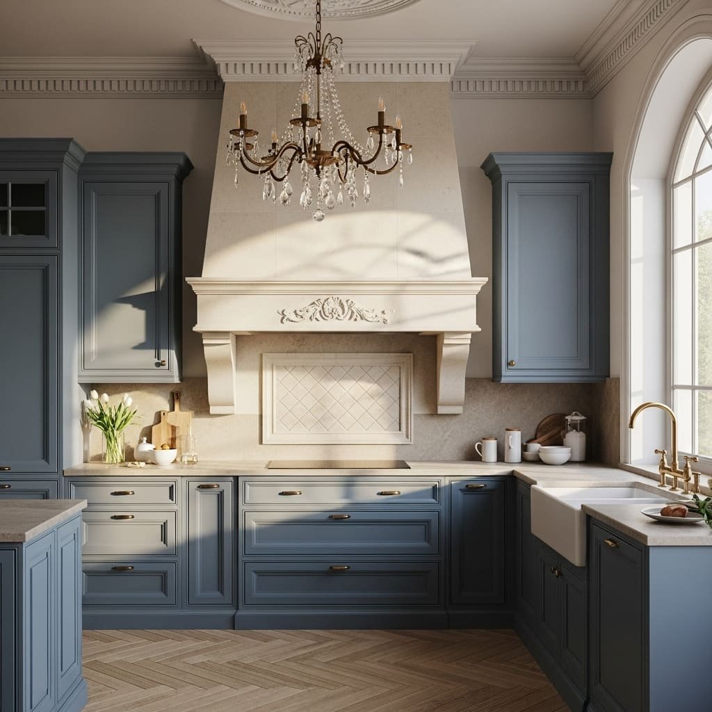 Classic Blue Kitchen Cabinets With Ornate Range Hood