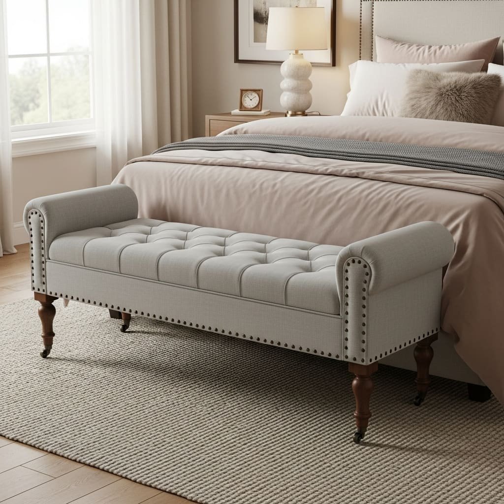 Classic Tufted Bed Bench with Nailhead Trim and Caster Legs