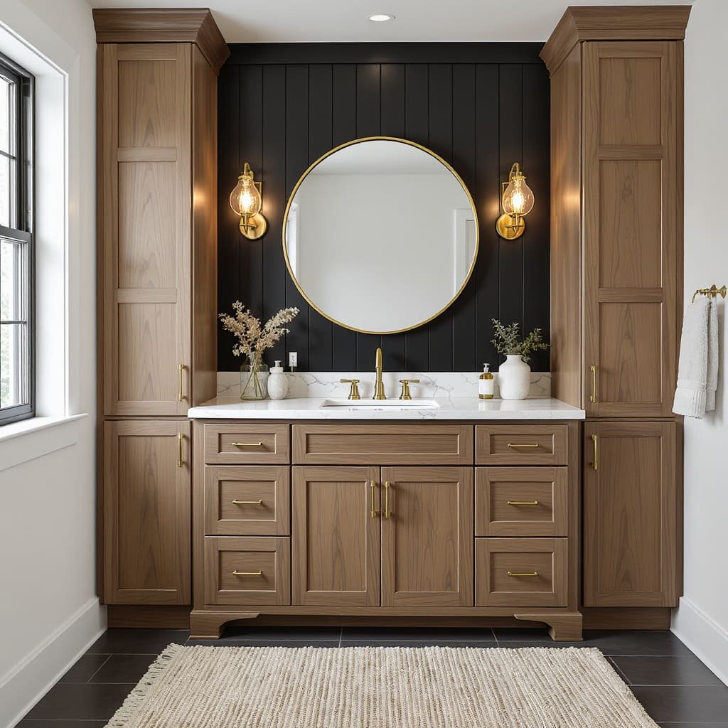 Classic Wood Bathroom Vanity with Tower Cabinets and Round Mirror