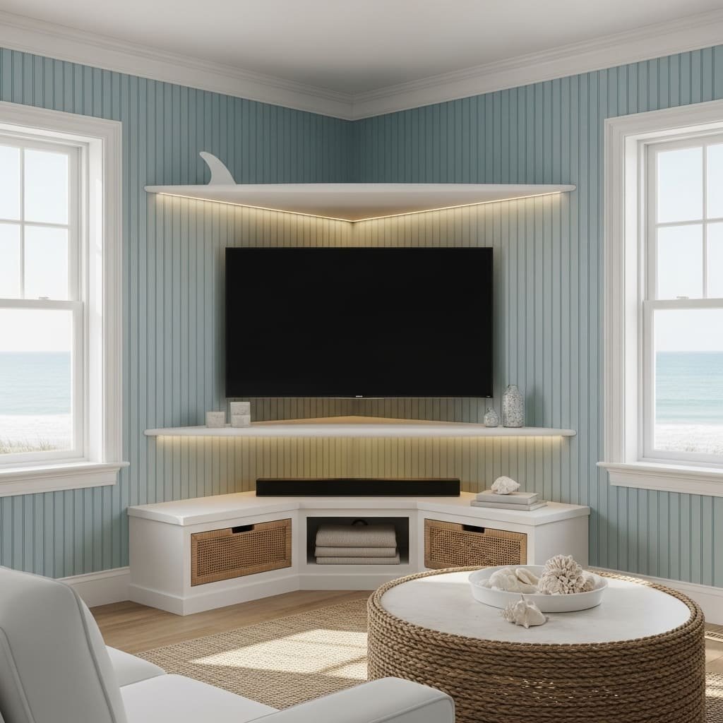 Coastal Corner TV Unit with Floating Shelves and Cane Storage