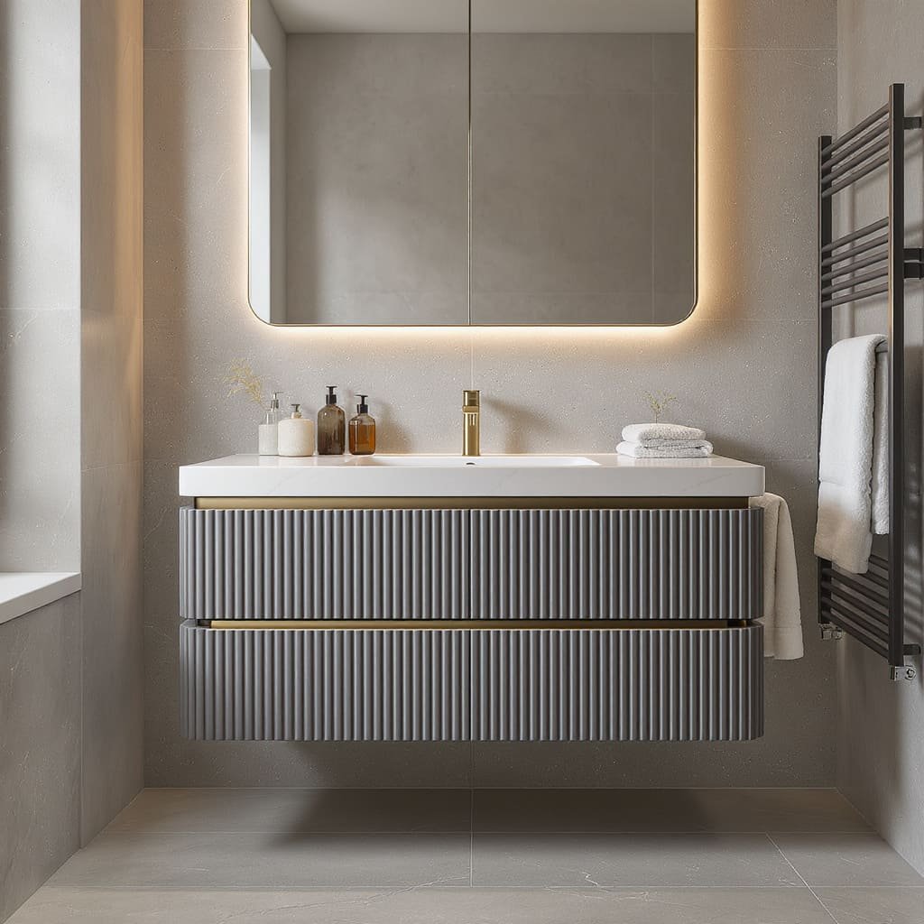 Contemporary Grey Floating Bathroom Vanity with Ribbed Drawers