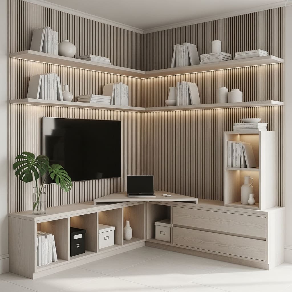 Corner TV Unit with Floating Shelves and Built In Storage