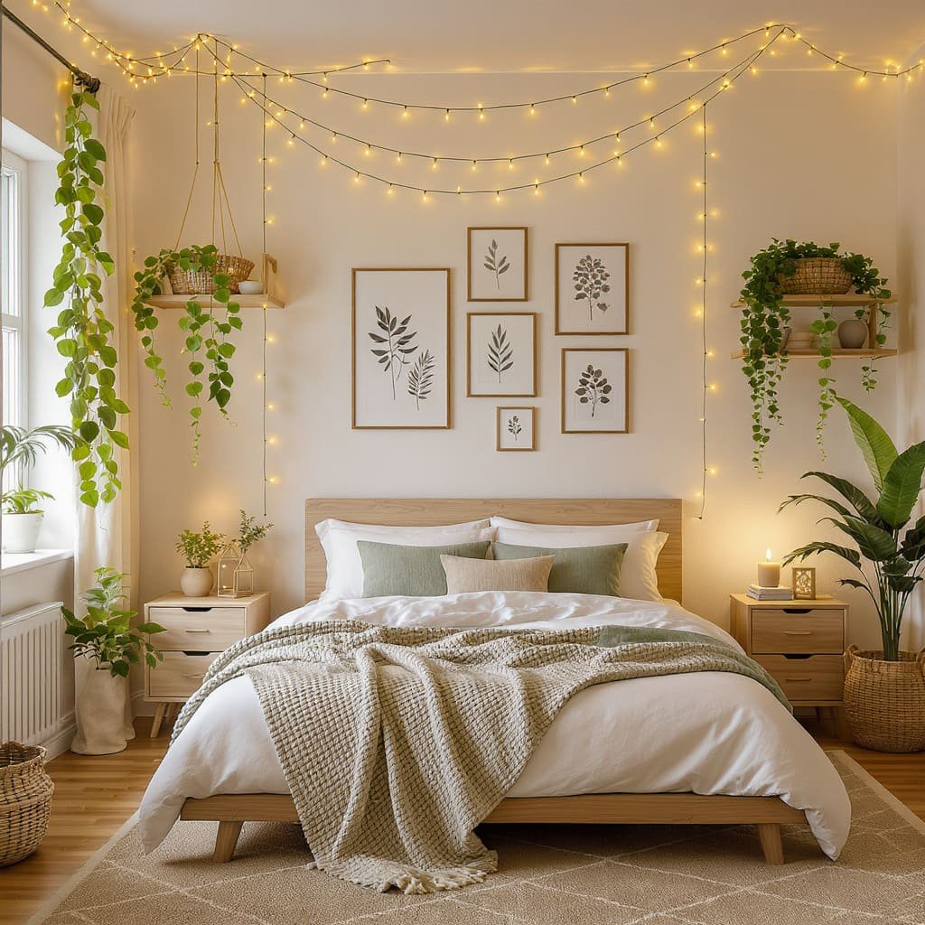 Cozy Boho String Light Bedroom