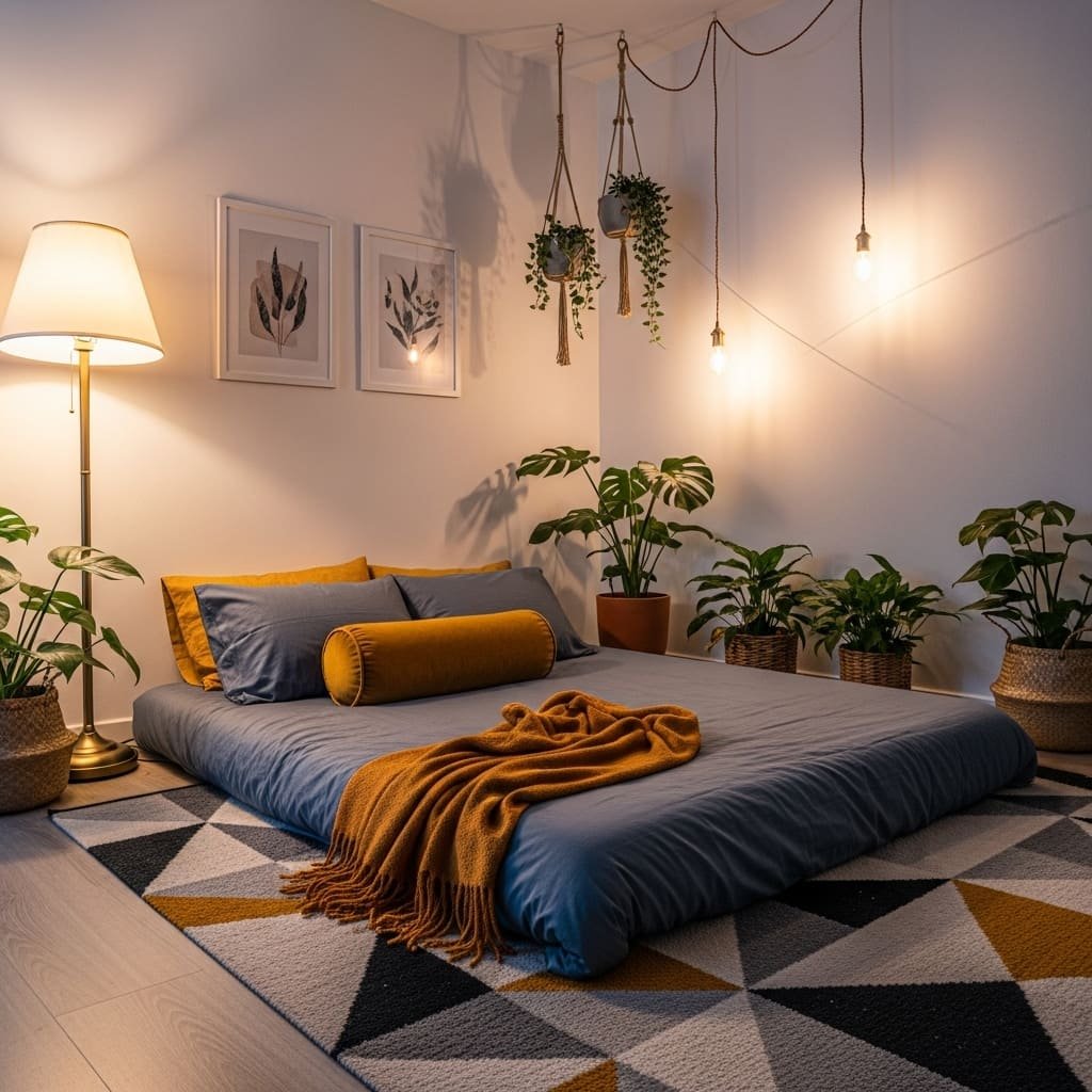 Cozy Plant Corner Floor Bed with Warm Hanging Lights