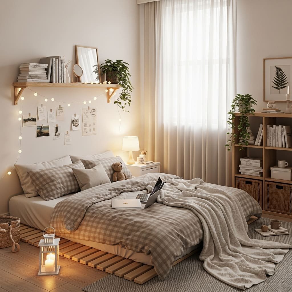 Cozy Study Nook Floor Bed with String Lights