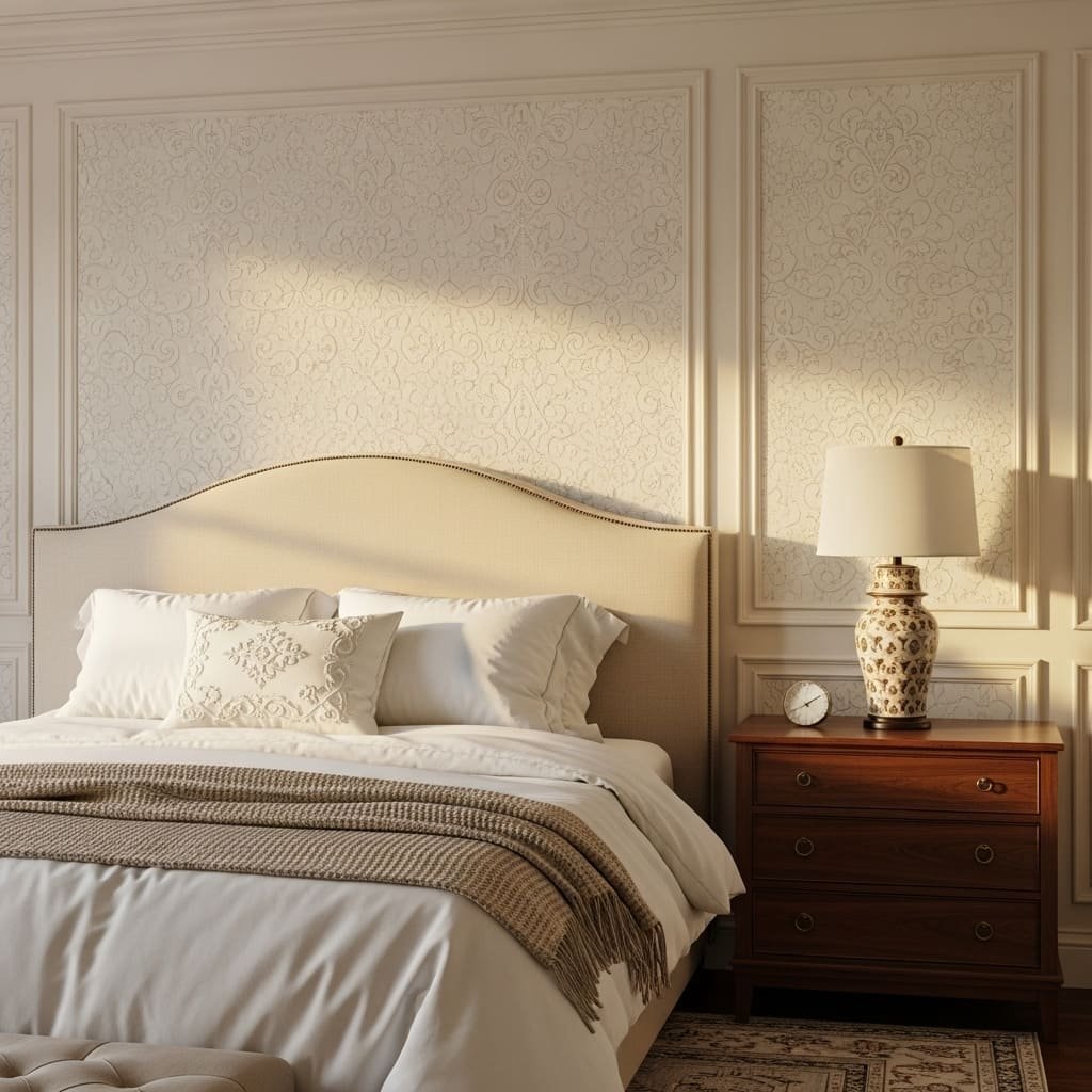 Cream Damask Panel Soft Bedroom Wallpaper