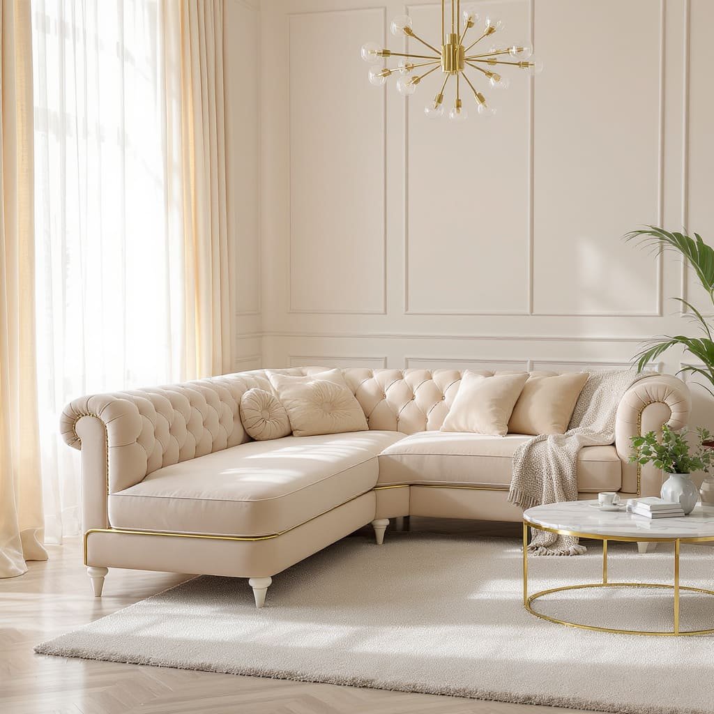 Cream Tufted L Shape Sofa with Chaise