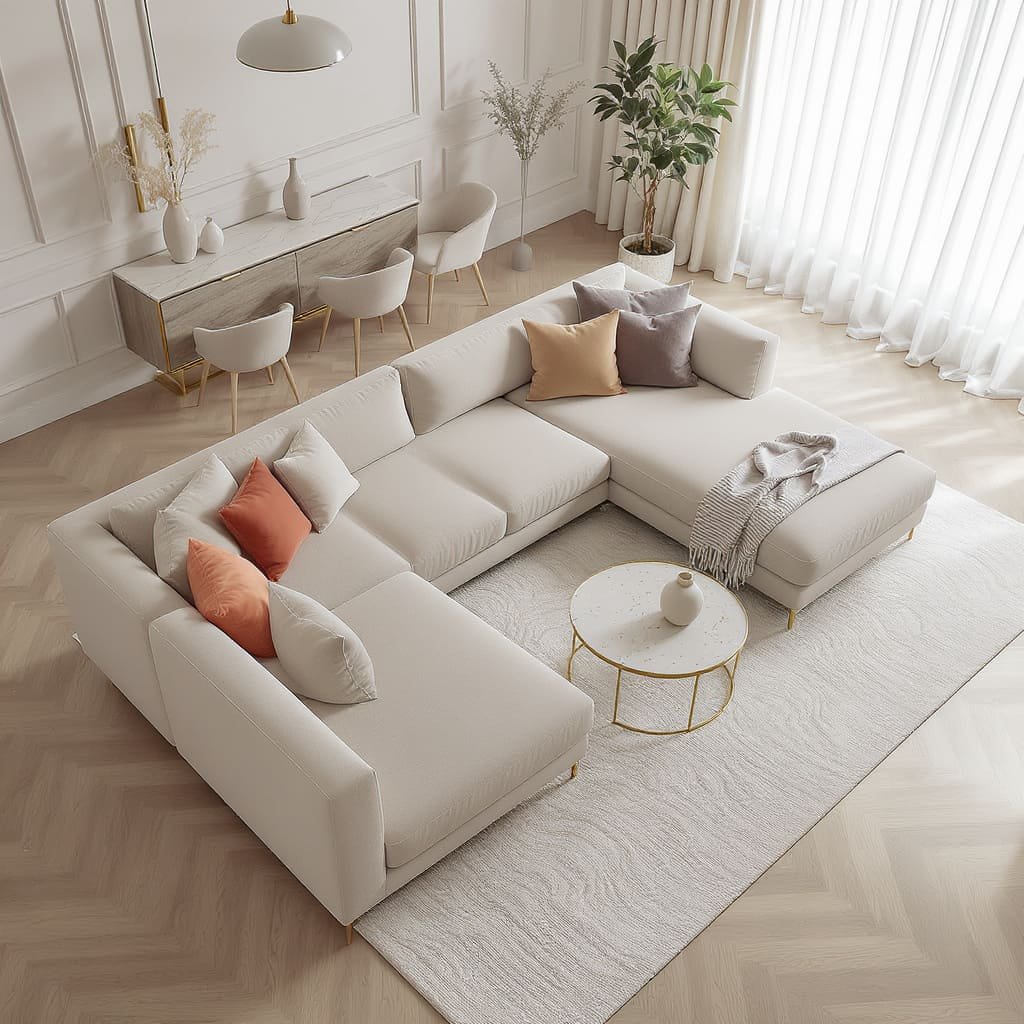 Cream U Shape L Shape Sofa Sectional