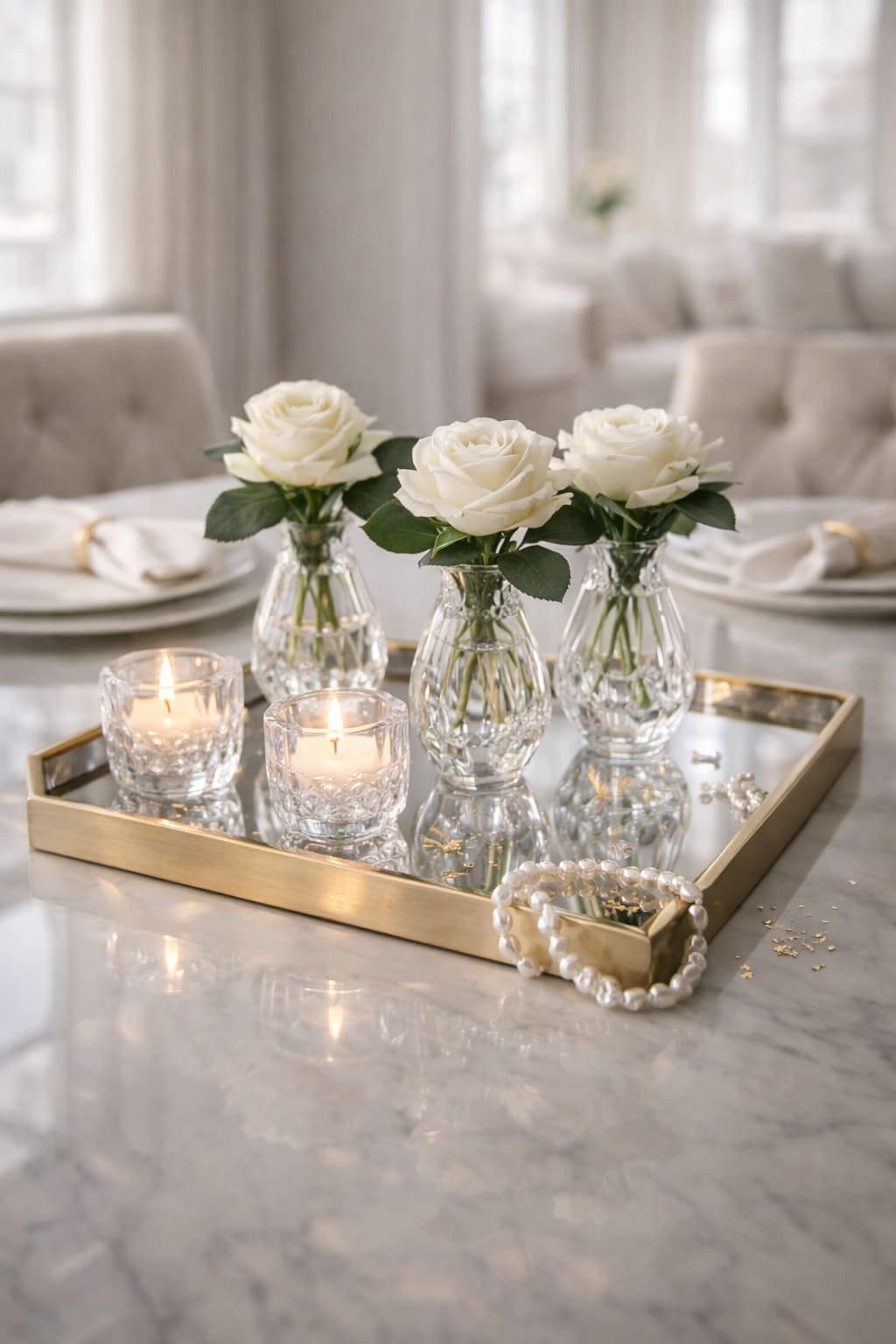 Crystal Rose and Candle Mirror Tray Centrepiece