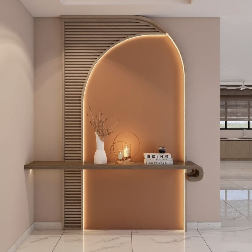 Curved Backlit Niche Wall with Wood Slat Panel and Floating Shelf