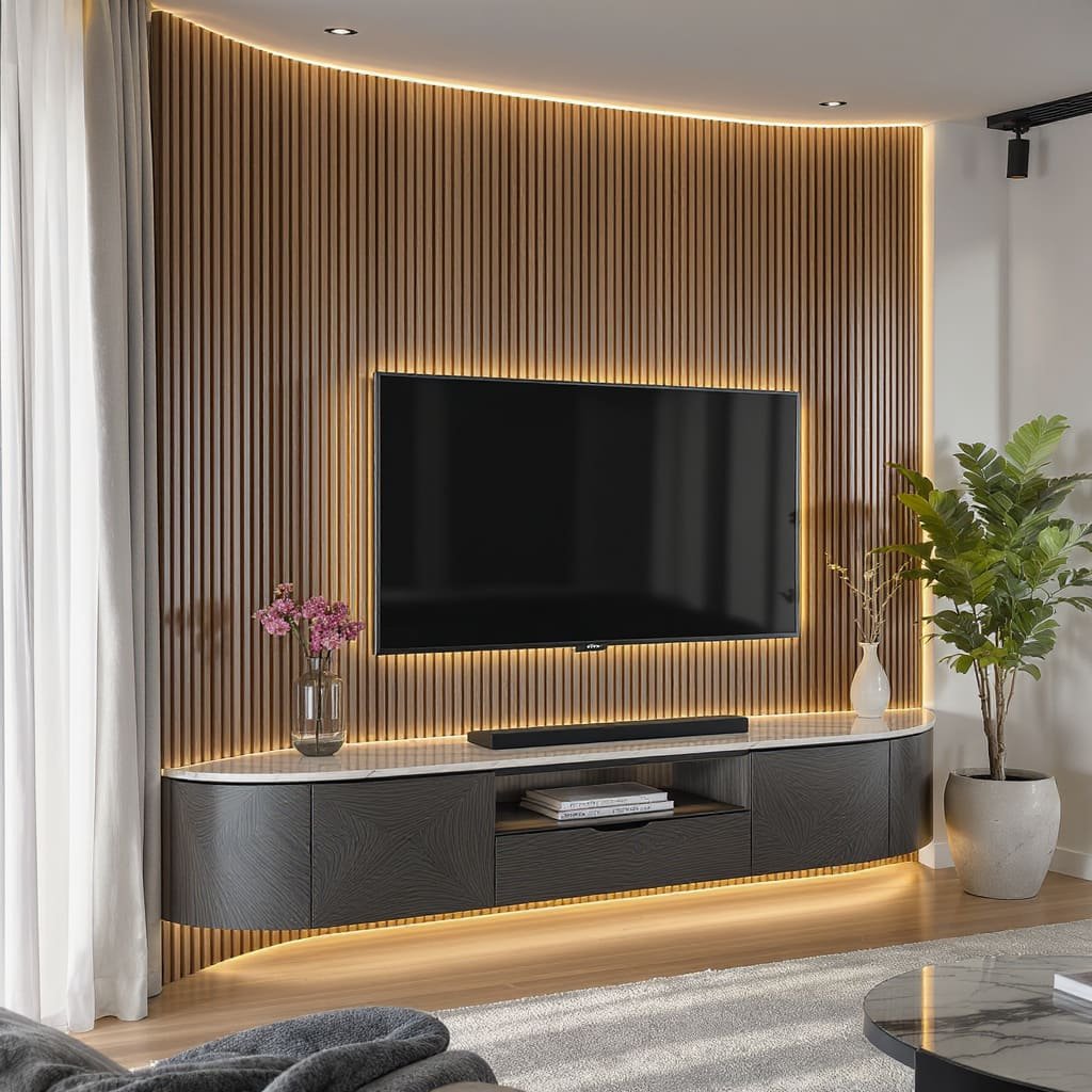 Curved Corner TV Unit with Slatted Wood Wall and LED Glow