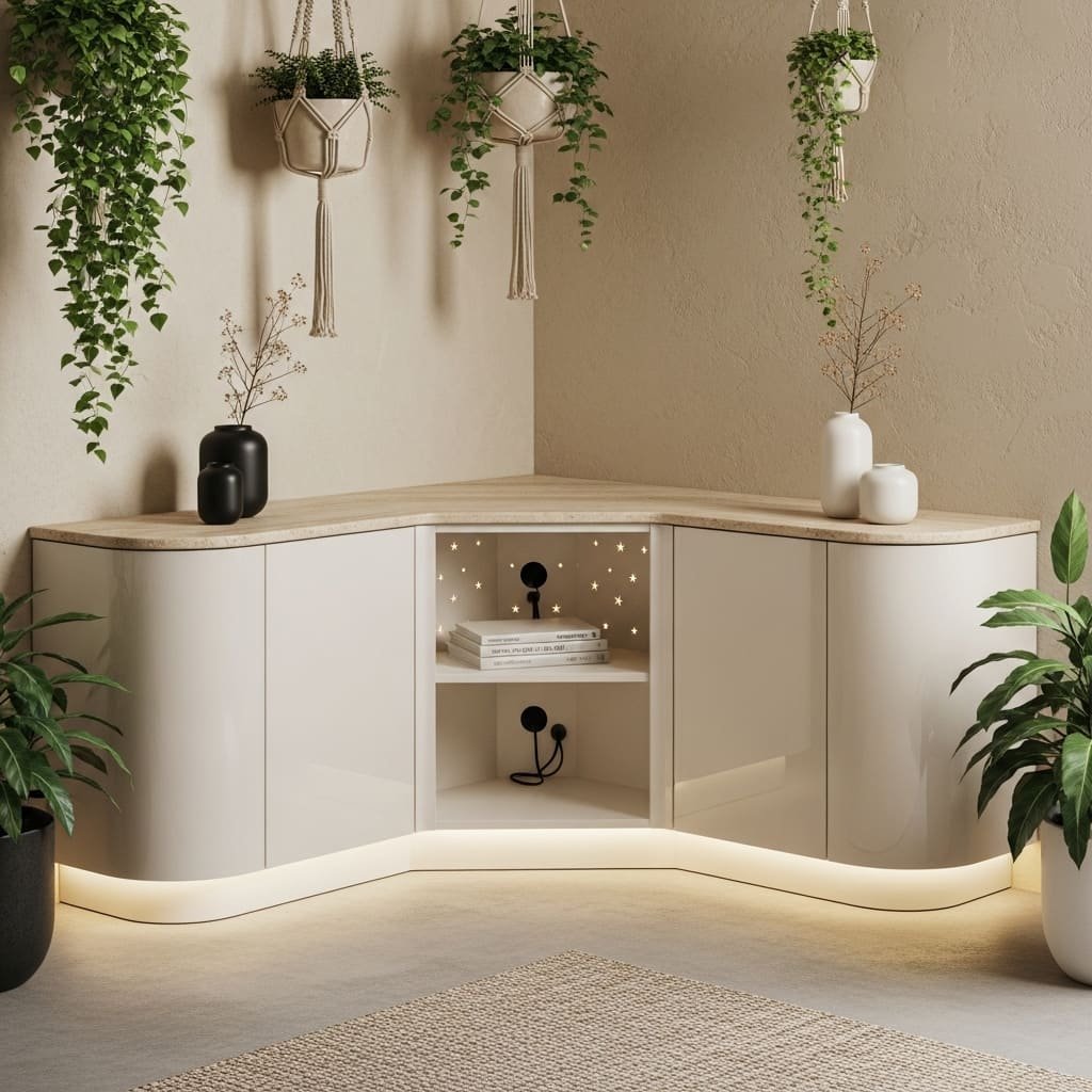 Curved Corner TV Unit with Soft LED Base Light