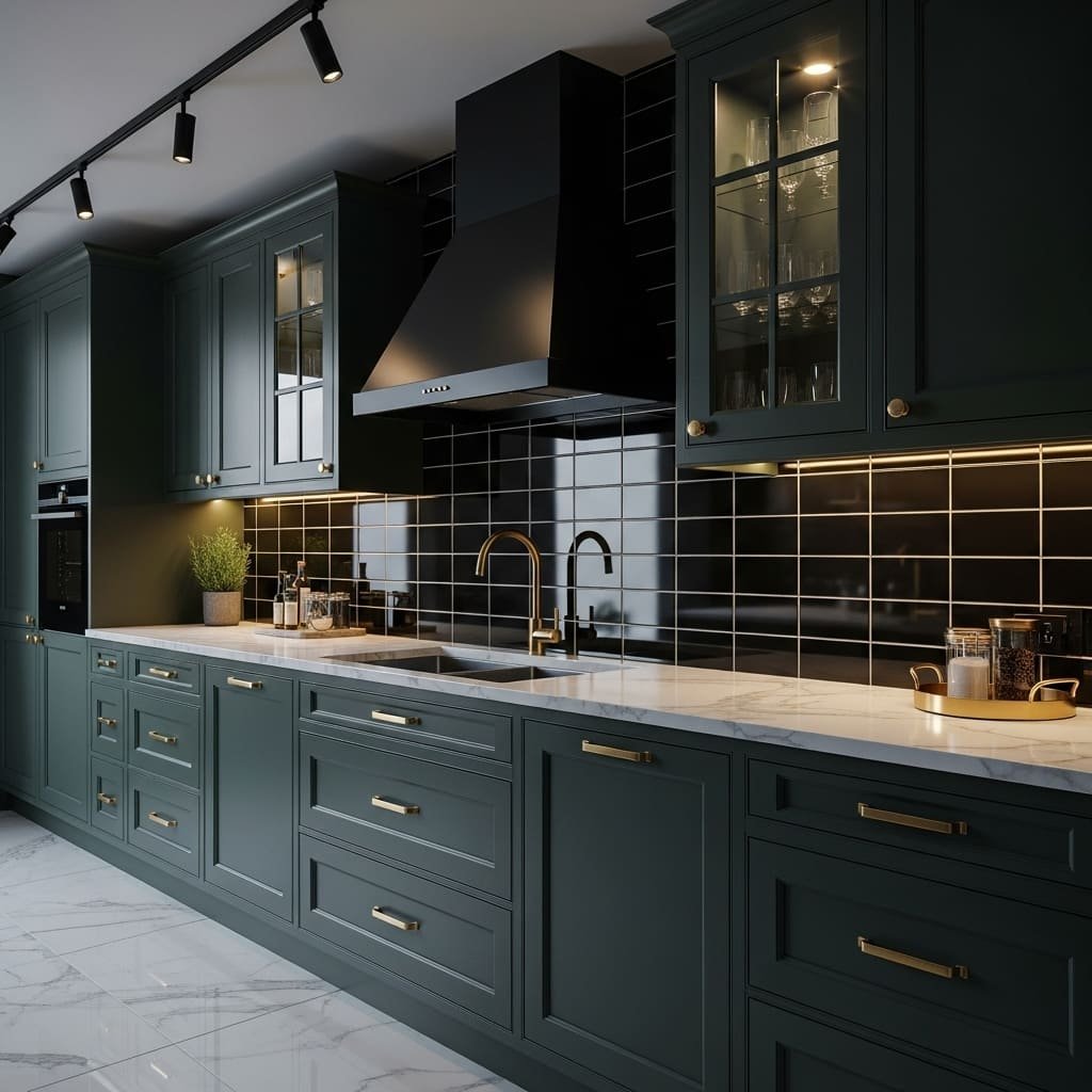 Dark Green Kitchen Cabinets with Brass and Black Accents