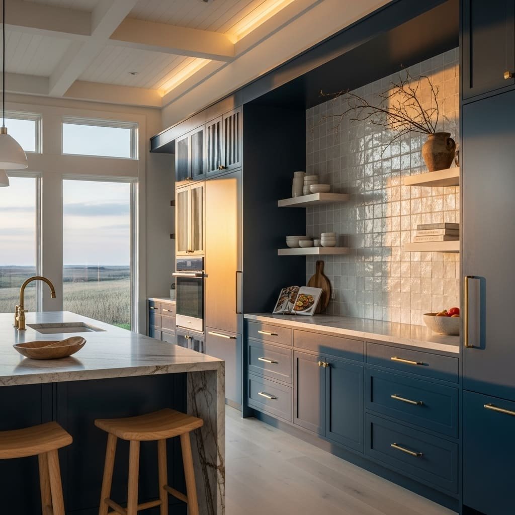 Deep Blue Kitchen Cabinets With Coastal Sunset Light