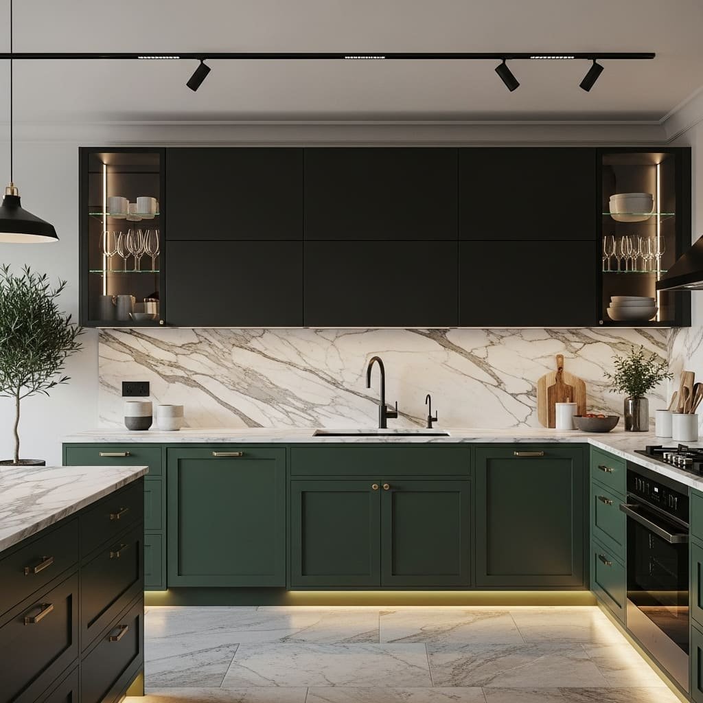 Deep Green Kitchen Cabinets with Modern Contrast