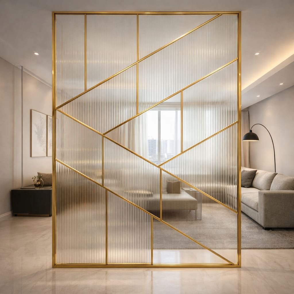 Diagonal Gold Frame Fluted Glass Partition