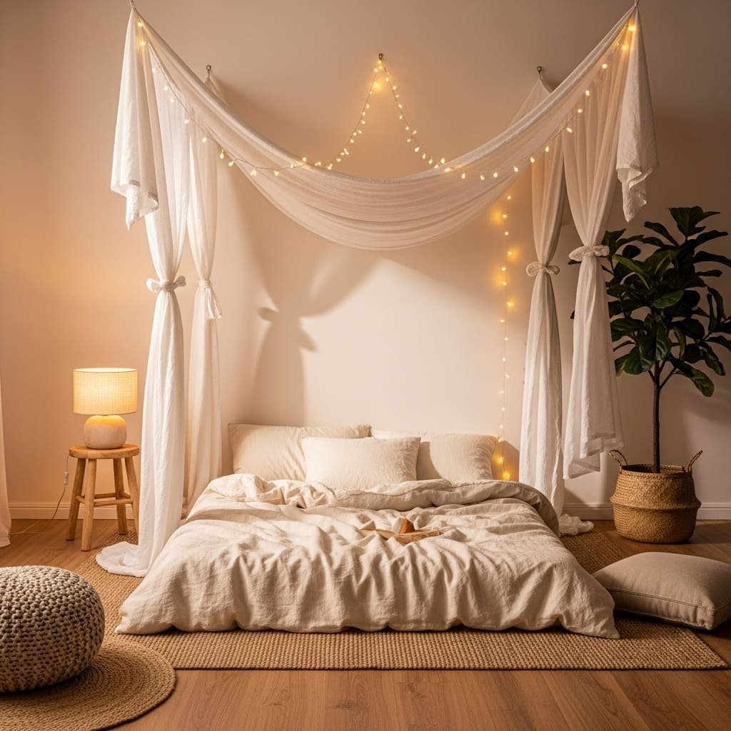 Dreamy Canopy Floor Bed with Fairy Lights