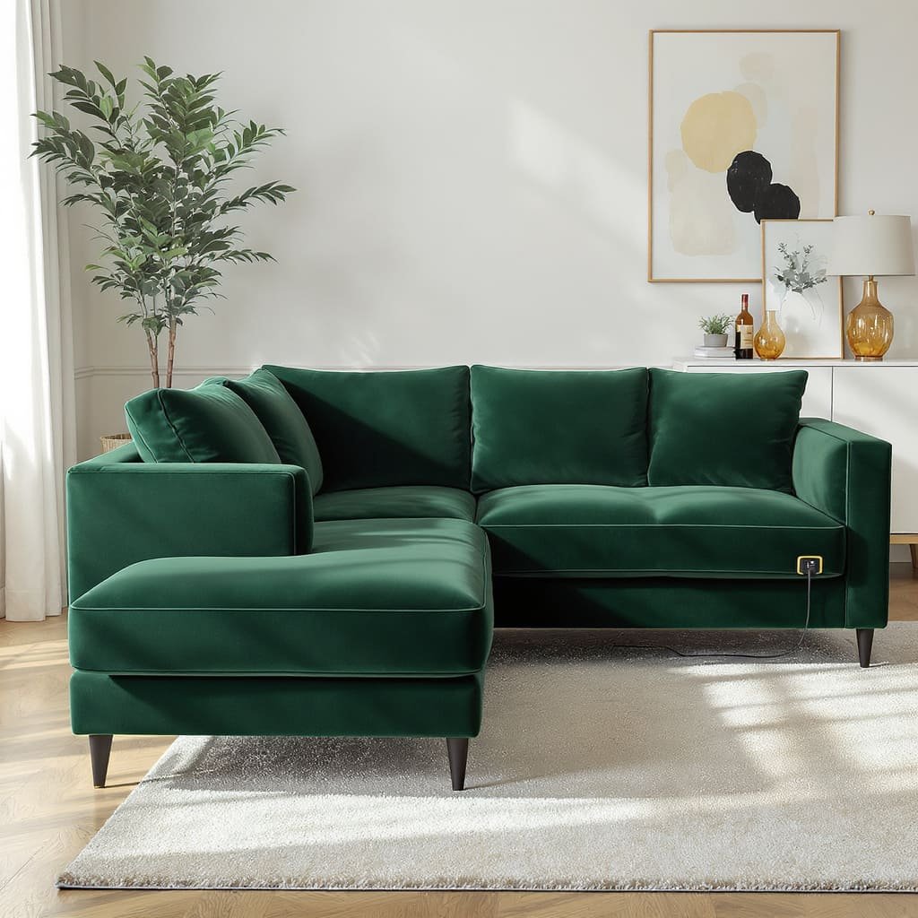Emerald Green Velvet L Shape Sofa with Chaise