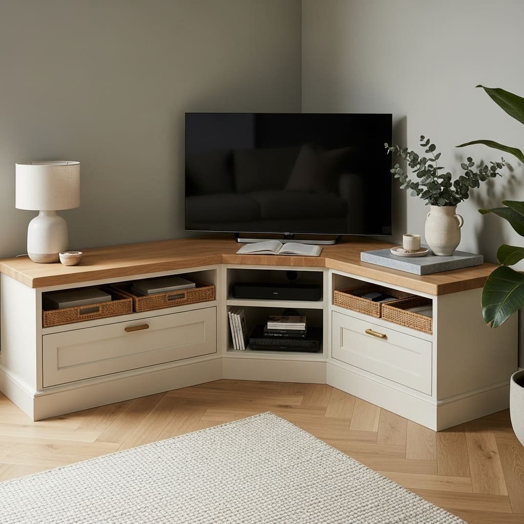 Farmhouse Style Corner TV Unit with Wood Top and Basket Storage