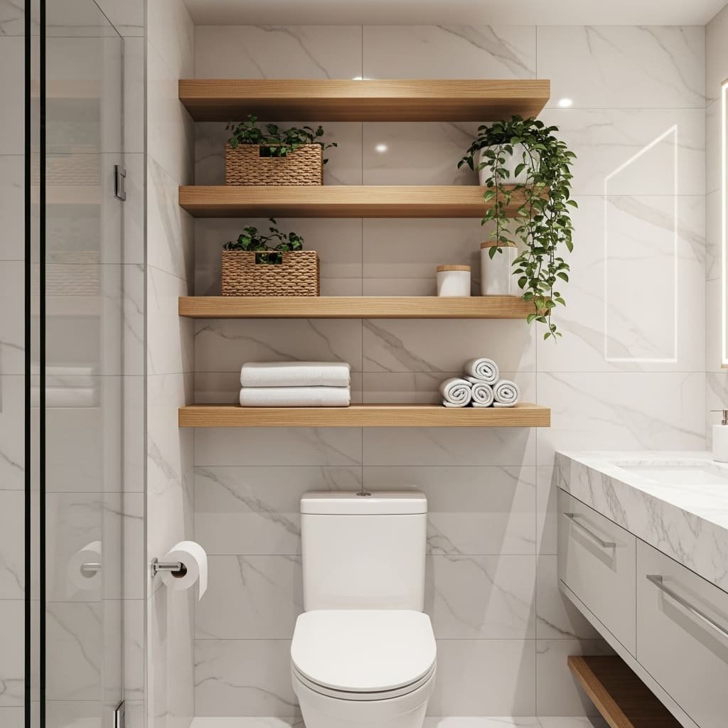 Floating Wood Shelves Over The Toilet