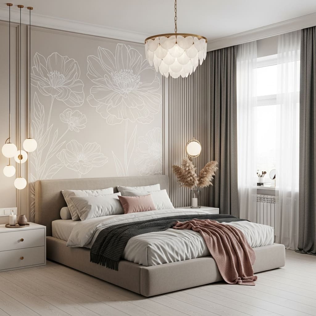Floral Line Art Accent Bedroom