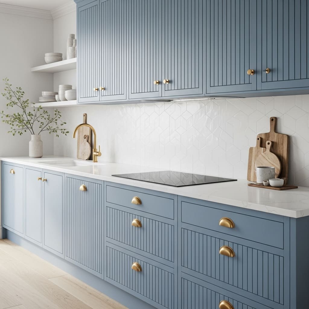 Fluted Blue Kitchen Cabinets With Brass Cup Pulls