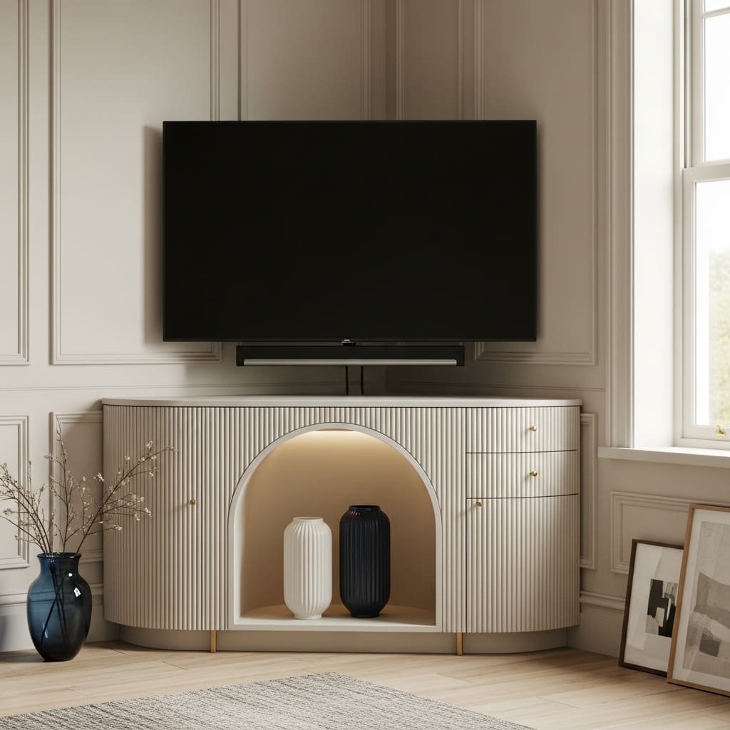 Fluted Curve Corner TV Unit with Arched Display Niche