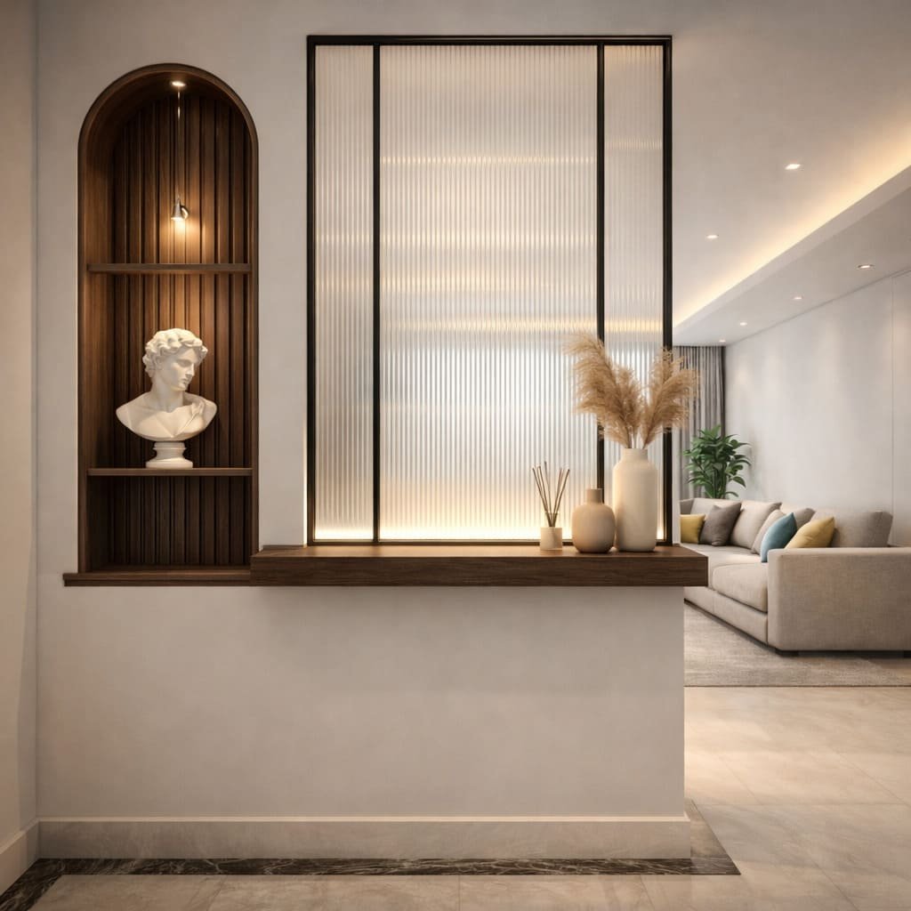 Fluted Glass Half Wall Partition With Arch Display Niche