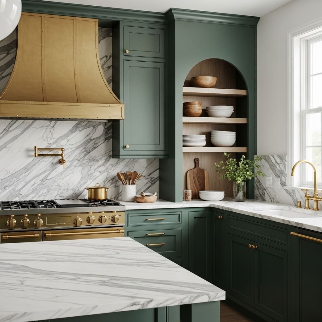 Forest Green Kitchen Cabinets with Brass Accents