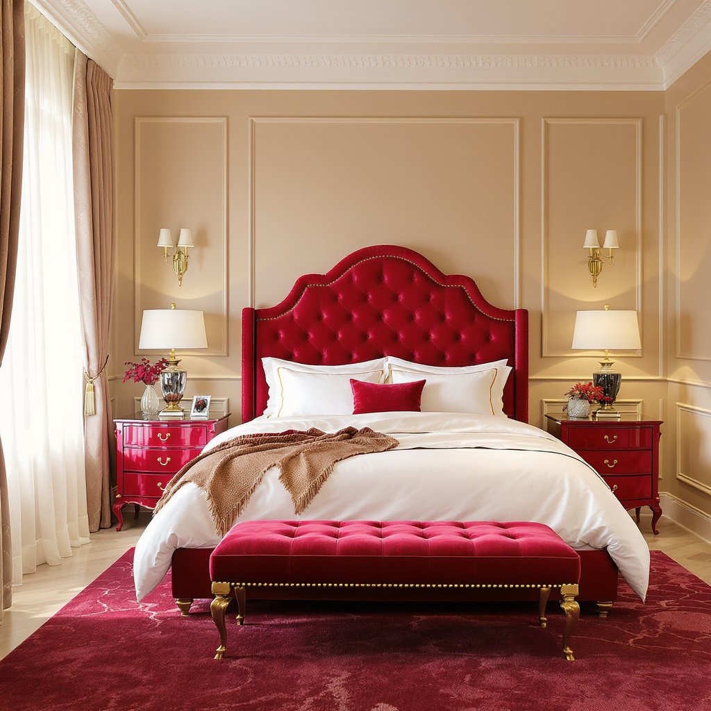 Garnet Red and Camel Beige Bedroom Color Combination