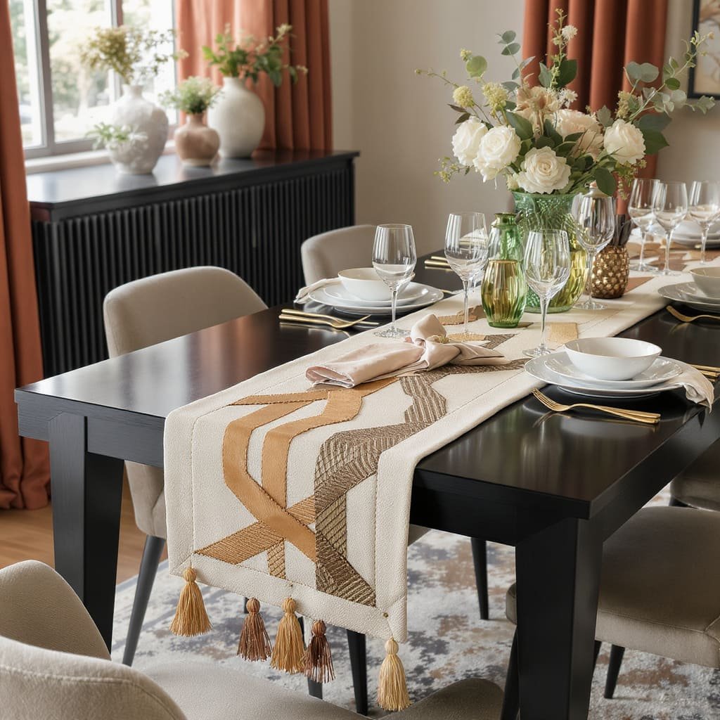 Geometric Ribbon Inlay Tassel Table Runner