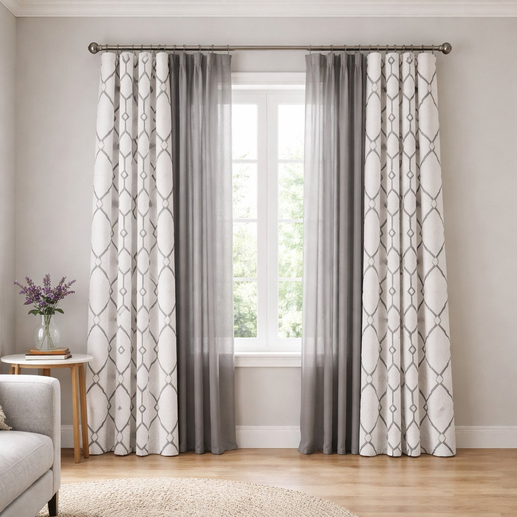 Geometric Trellis Curtains with Gray Sheer Layer